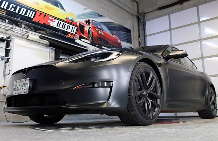 Tesla Model S Plaid wrap in Avery Satin Dark Rock Grey Vinyl